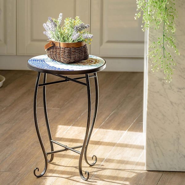 FORCLOVER 14 in. Mosaic Round Side Table for Patio Lawn Garden