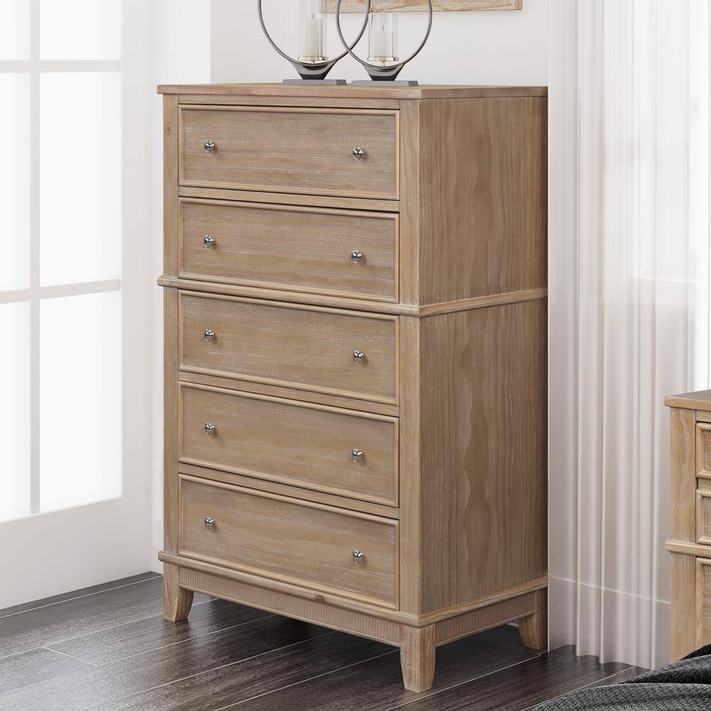 Furniture of America Acres Solid Wood 5-Drawer Chest, Natural Tone