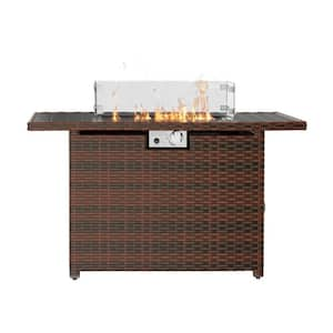 43 in. 50000BTU Brown Rectangle Rattan Wicker Outdoor Propane Gas Fire Pit Table with Glass Wind Guard and Cover