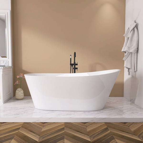 59 in. W. x 29 in. Acrylic Freestanding Flatbottom Soaking Bathtub in Gloss White