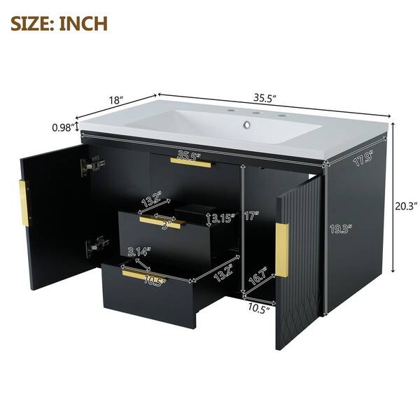 Ziyudura 36 in. Single Sink Floating Black Bath Vanity with White