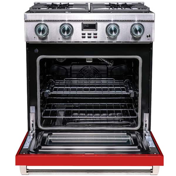 Pro-Style 30 in. 4-Burner Slide-in Gas Range with Convection in Stainless Steel with Red Oven Door