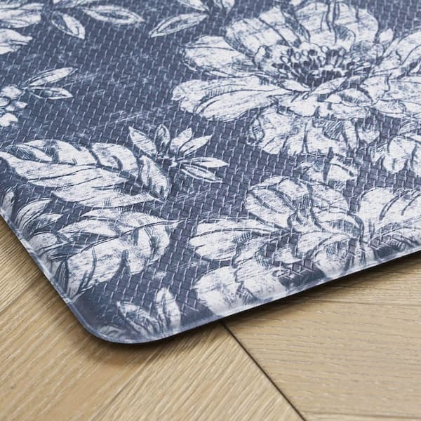 Navy Iris Floral 17.5 in. x 60 in. Anti-Fatigue Wellness Mat