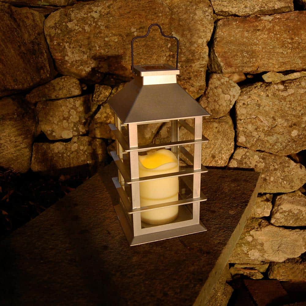 Silver Hanging Solar LED Candle Lantern with Glass Panels