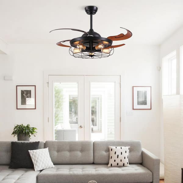 48 in. Indoor Industrial Farmhouse Black Caged Retractable Ceiling Fan with Remote and Light Kit Included