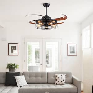 48 in. Indoor Industrial Farmhouse Black Caged Retractable Ceiling Fan with Remote and Light Kit Included