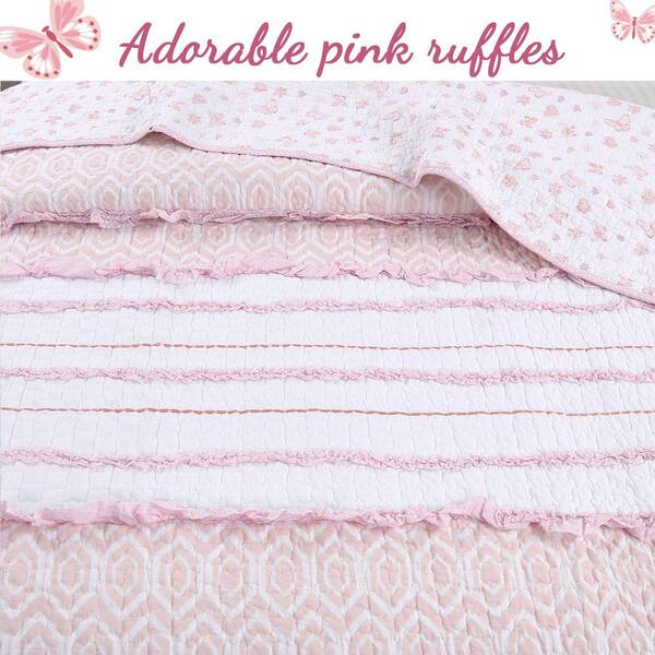 Cozy Line Home Fashions Pretty in Pink Girly Ruffle Pink Cotton Quilt Bedding Set with 2 Throw Pillows Twin with Decor Pillows 4 Piece, Other