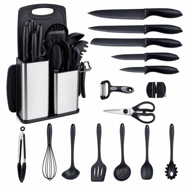 18-Piece Black Kitchen Utensils Set, Cooking Tools and Sharp Knives,Stainless Steel Holder and Cutting Board