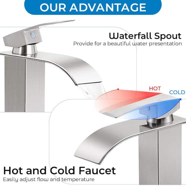 Waterfall Spout Single Handle Single Hole Bathroom Faucet with Deckplate and Pop-up Drain in Brushed Nickel