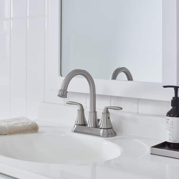 Glacier Bay Builders 4 in. Centerset Double Handle Low-Arc Bathroom Faucet  in Brushed Nickel HD67091W-6B04 - The Home Depot