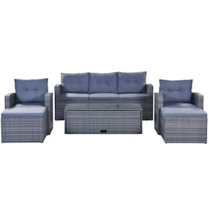 6-Piece Wicker Patio Conversation Set with Dark Grey Cushions