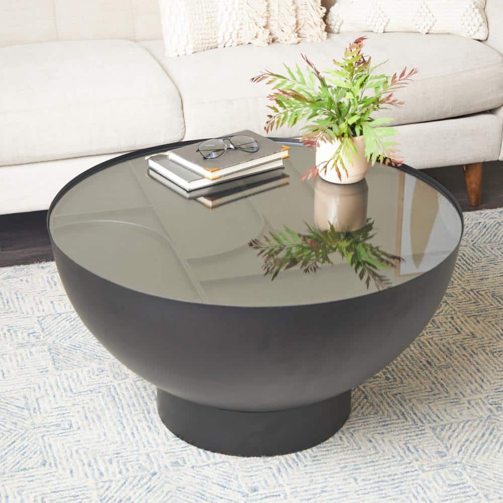 Litton Lane 18 in. x 32 in. Black Round Metal Geometric Coffee Table ...