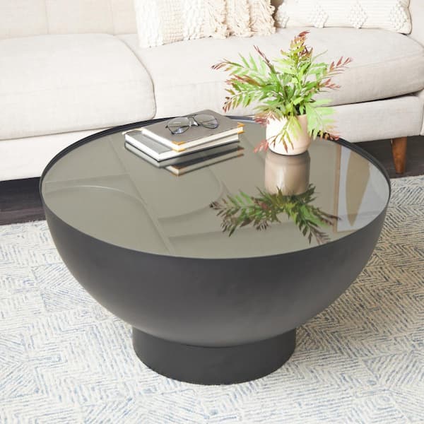 18 in. x 32 in. Black Round Metal Geometric Coffee Table with Glass Tabletop and Elevated Base