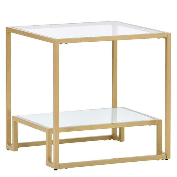 Unbranded 22 in. Gold Metal Leg, Square White Tempered Glass End Table