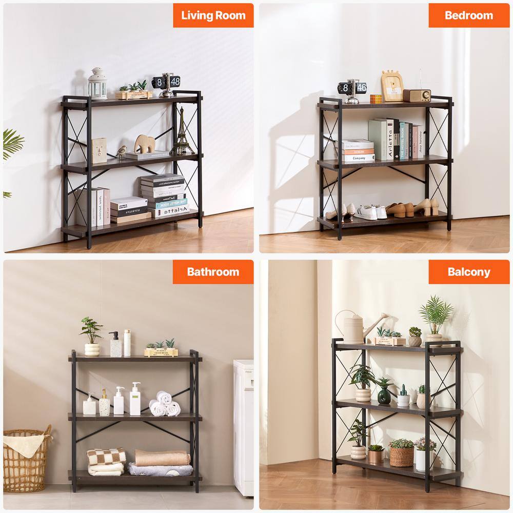 Brown Metal 3-Tier Adjustable Industrial Bookshelf