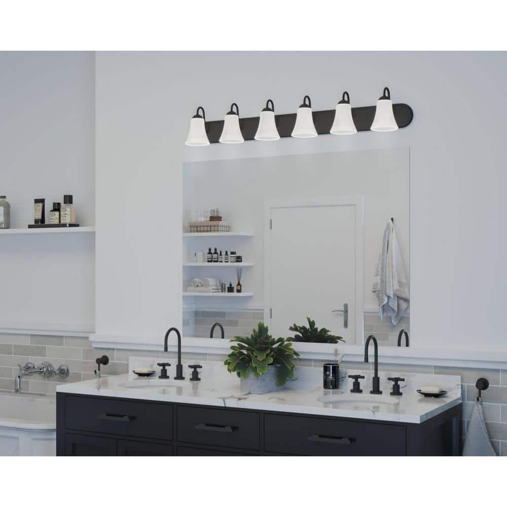 Classic Black 6-Light Bath Wall Fixture with Etched Glass Shades