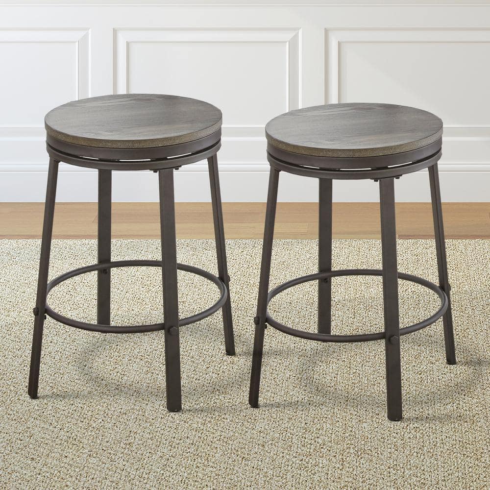 Gray Metal and Wood Swivel Backless Counter Stool, Set of 2