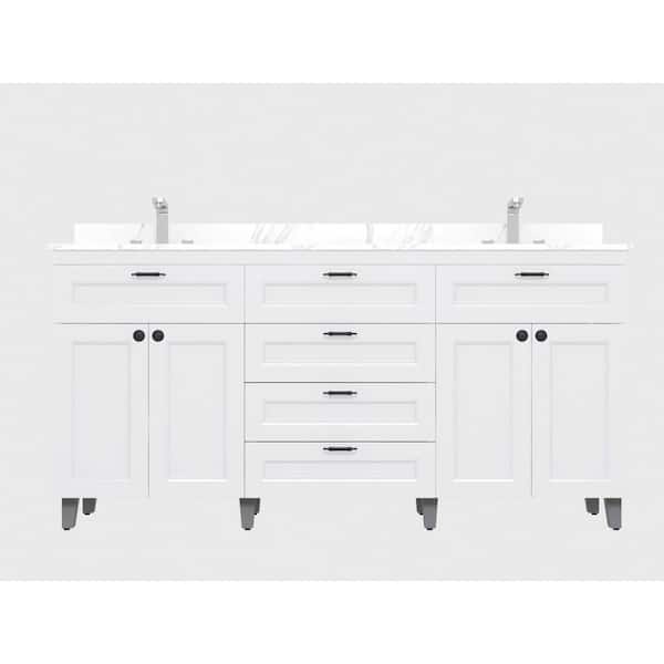 Winette 72 in. W x 21 in. D x 35 in. H Metal Bathroom Vanity in White with Carrera Engineered Marble Vanity Top with White Bowls