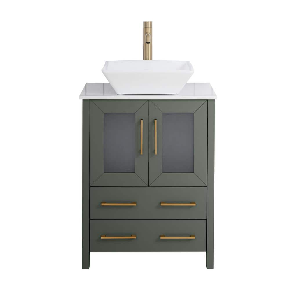 Vanity Art 24 in. W Single Basin Vintage Green Bath Vanity with White Engineered Marble Top and ...