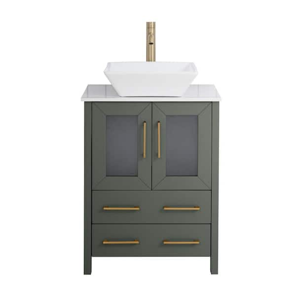 24 in. W Single Basin Vintage Green Bath Vanity with White Engineered Marble Top and Mirror