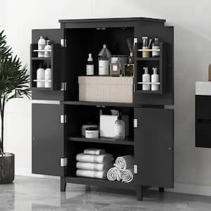 Ellery Black Wood 43.3 in. Elegant Bathroom Floor Storage Cabinet with 4 Doors and Adjustable Shelves