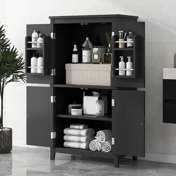 Ellery Black Wood 43.3 in. Elegant Bathroom Floor Storage Cabinet with 4 Doors and Adjustable Shelves