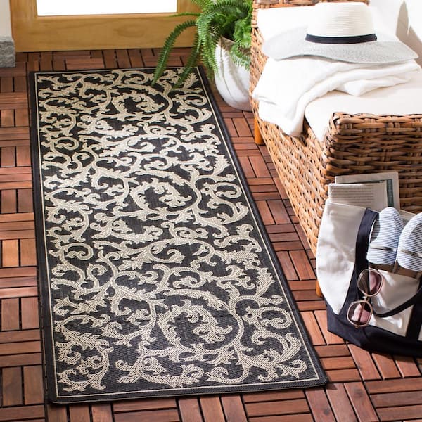 Courtyard Black/Sand 3 ft. x 8 ft. Border Indoor/Outdoor Patio  Runner Rug