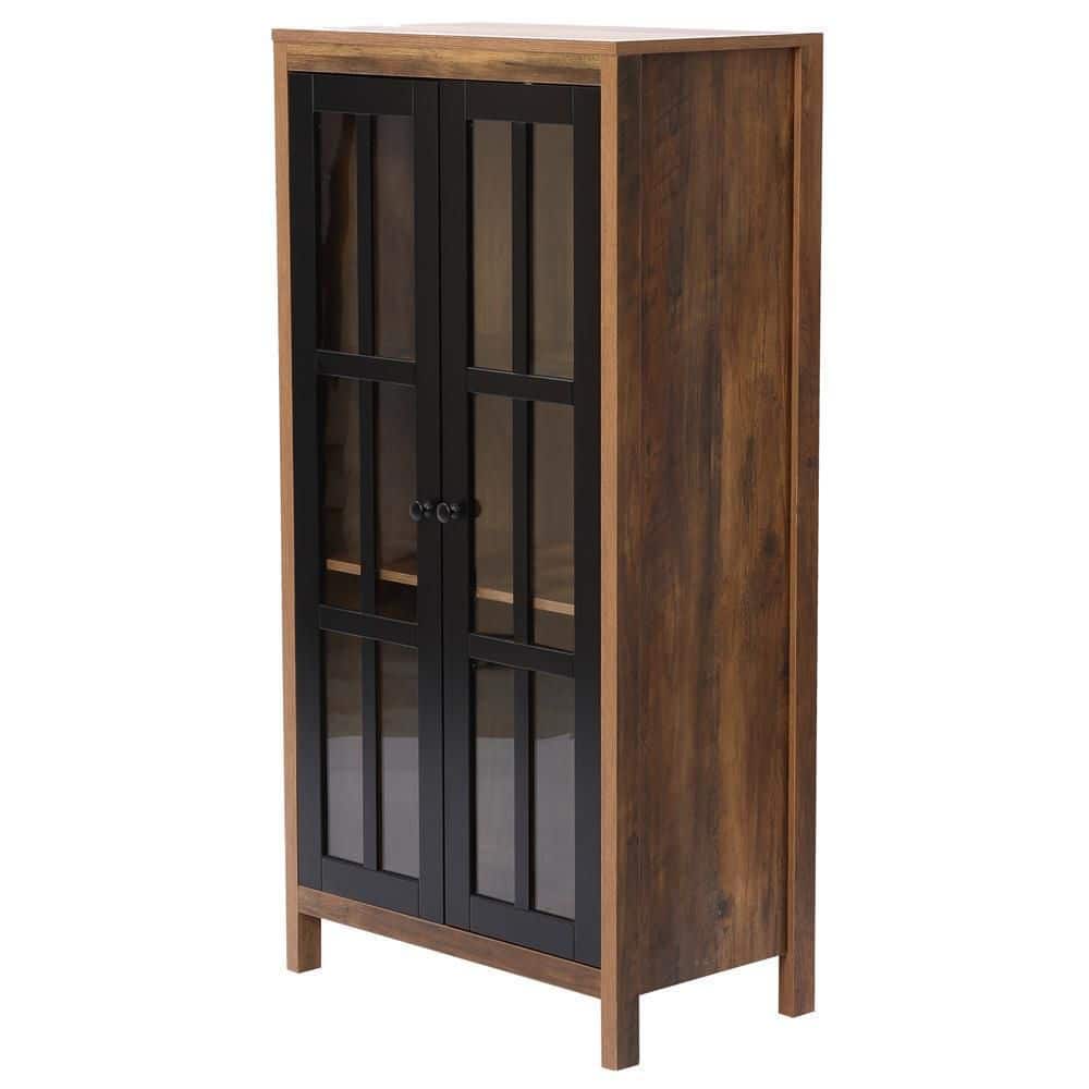 Natural Wood and Black Glass Door Curio Cabinet