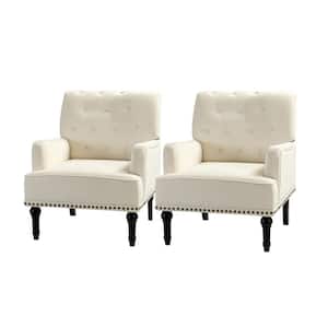 Enrica Ivory Tufted Comfy Velvet Armchair with Nailhead Trim and Rubberwood Legs (Set of 2)