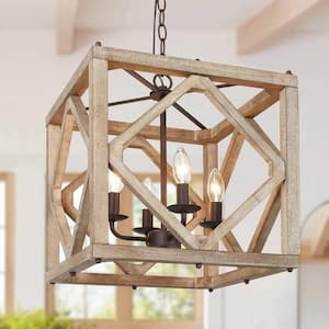 Farmhouse Brown Wood Candlestick Island Chandelier with Geometric Openwork Square Frame, 4-Light Dining Room Pendant