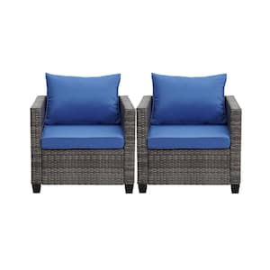 2-Piece Navy Blue Wicker Outdoor Furniture Rattan Sofa Set Patio Conversation with Cushions