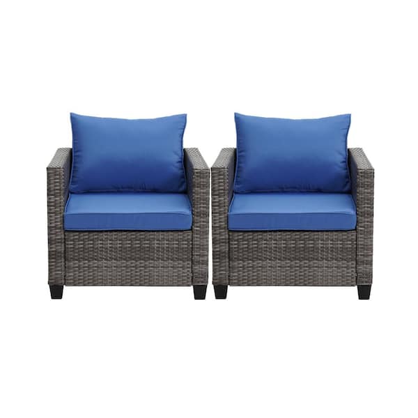 OVASTLKUY 2-Piece Navy Blue Wicker Outdoor Furniture Rattan Sofa Set Patio Conversation with Cushions
