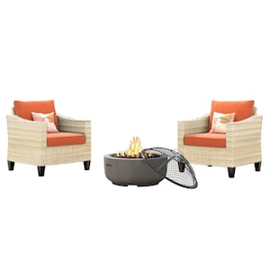 Oconee Beige 3-Piece Wood Fire Pit Seating Set with Orange Red and Cushions Outdoor Patio Lounge Chair