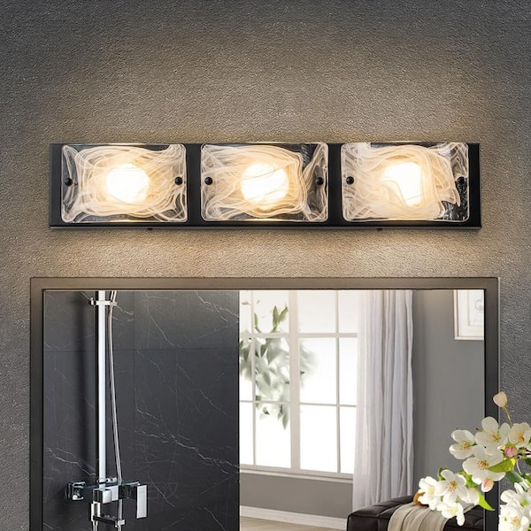 22 in. 3-Light Matte Black Integrated LED 3 CCT Vanity Light Bar for Bathroom with Textured Glass Shade