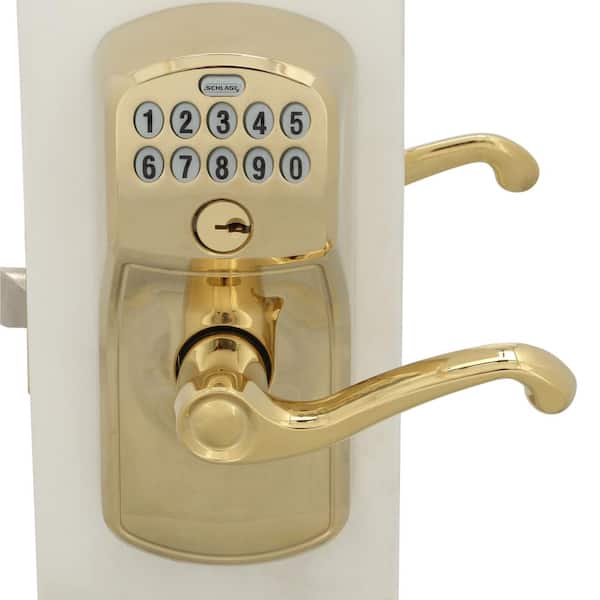 Schlage Plymouth Bright Brass Electronic Door Lock with Flair Door 