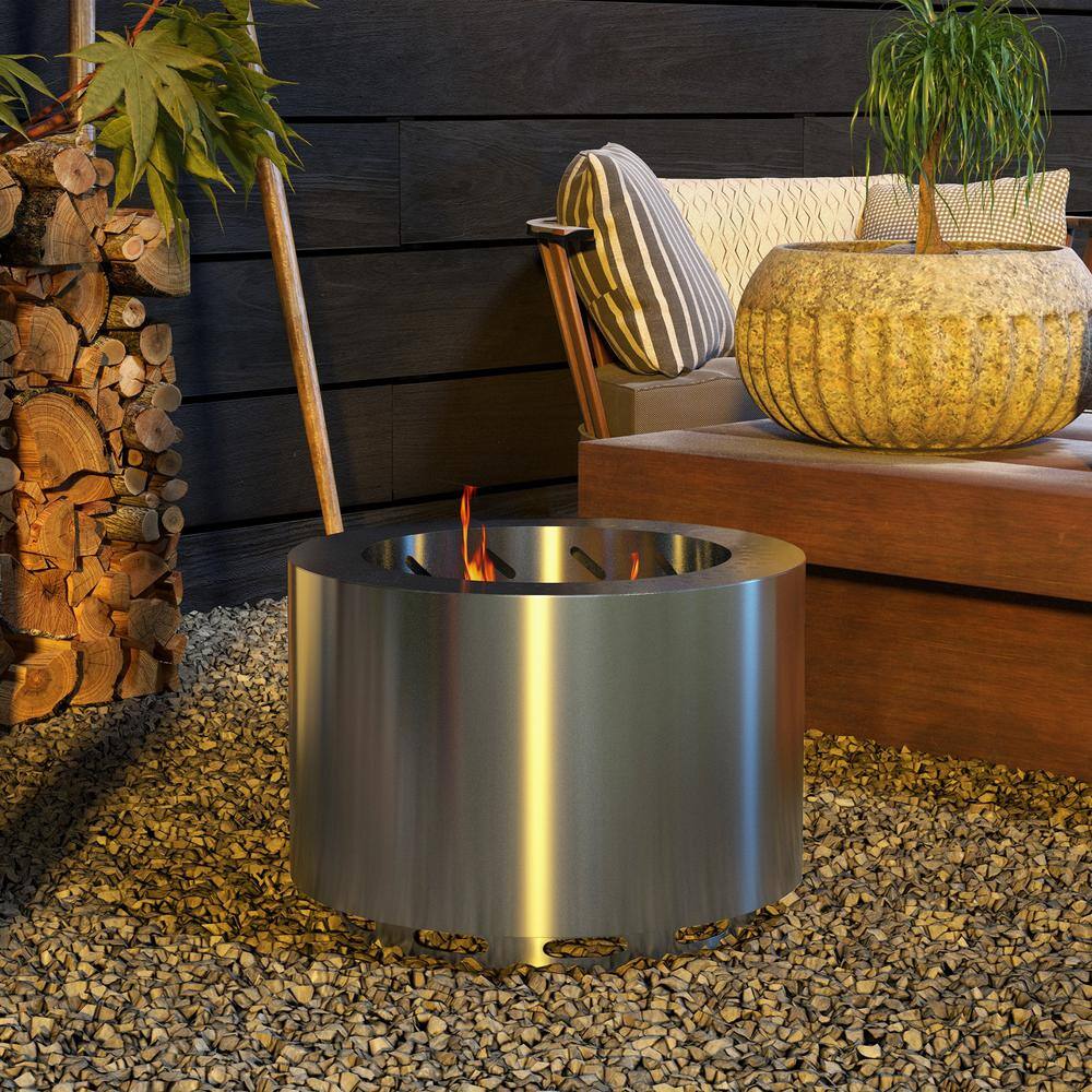 Silver Stainless Steel Smokeless Wood Burning Fire Pit with Poker