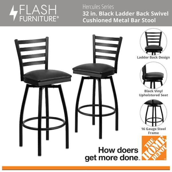 Hercules 32 in. Black Low Back Metal Bar Stool with Vinyl Seat Ladder Back Swivel