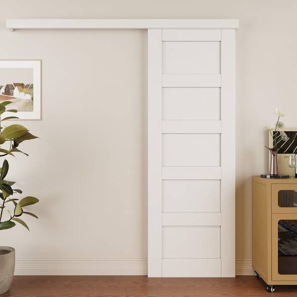 28 in. x 80 in. Hidden Track Style 5-Lite Paneled White Primed MDF Sliding Barn Door with Hardware Kit