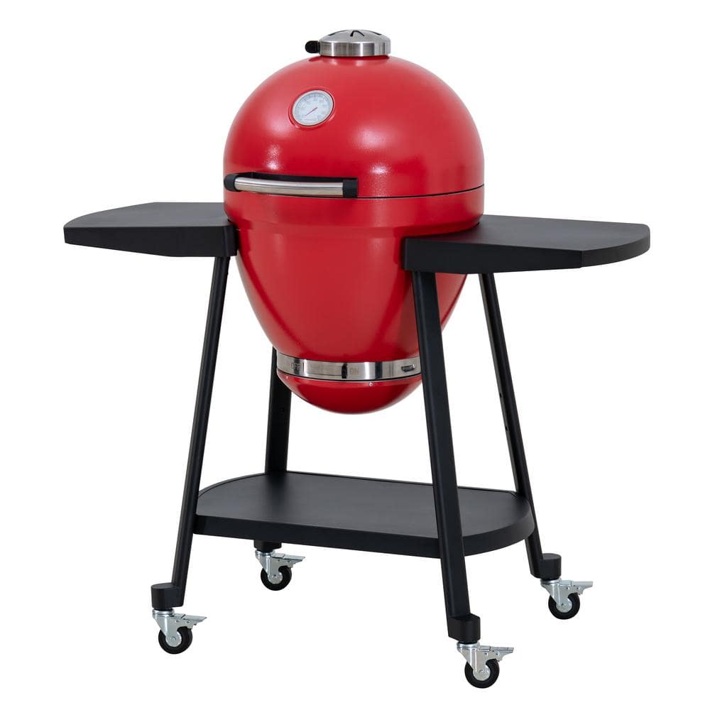 Portable 20 in. Outdoor Charcoal Egg Grill Red Kamado Grill with Pizza Plate Ultimate BBQ Grill and Smoker with Wheels