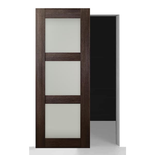 Vona 3-Lite 24 in. x 84 in. Frosted Glass Verainga Oak Wood with BaseBoard Hidden Sliding Barn Door with Hardware Kit