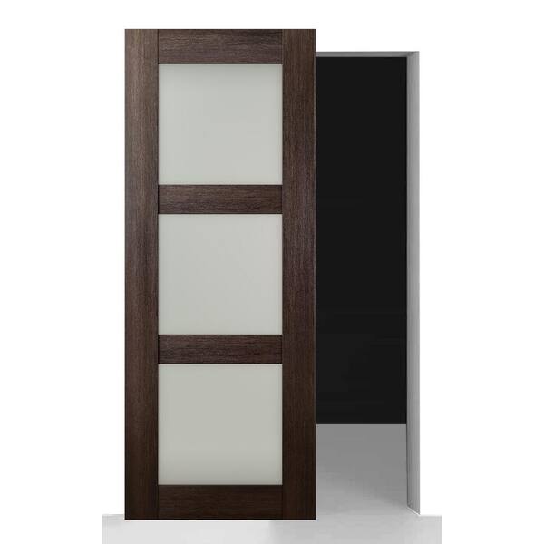 Vona 3Lite 30 in. x 80 in. Frosted Glass Verainga Oak Wood w/o BaseBoard Hidden Sliding Barn Door with Hardware Kit