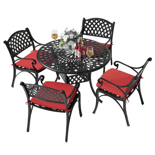 Antique Bronze 5-Piece Cast Aluminum Patio Dining Set Outdoor Bistro Conversation Set with Red Cushion