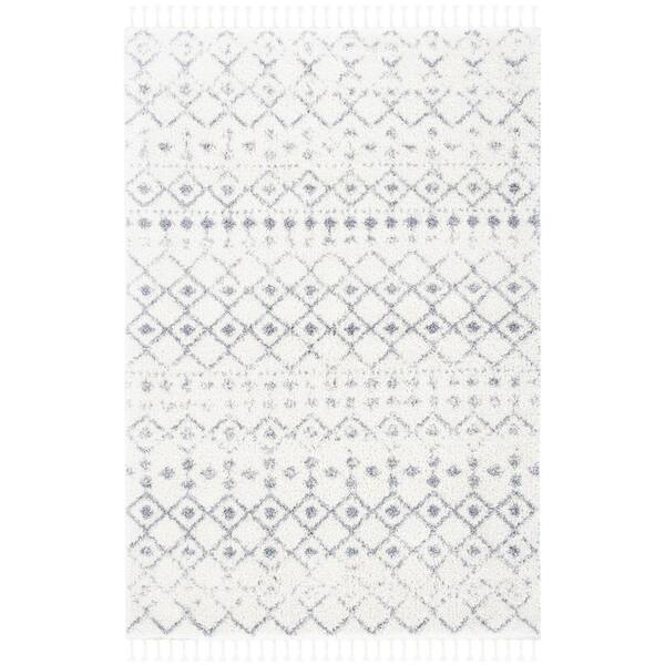 Berber Fringe Shag 4 x 6 Ivory/Gray Tribal Area Rug