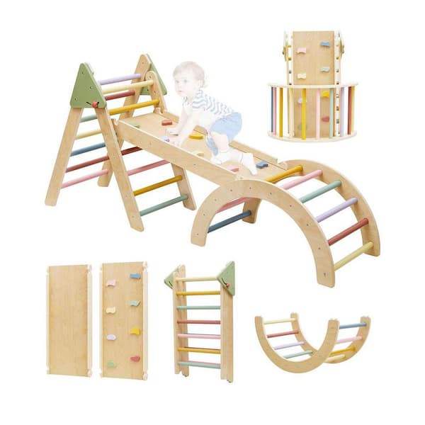 Wooden Pikler Triangle Set 7 in 1 Indoor/Outdoor Playset for Toddlers with Arch, Ramp and Ladder Climber