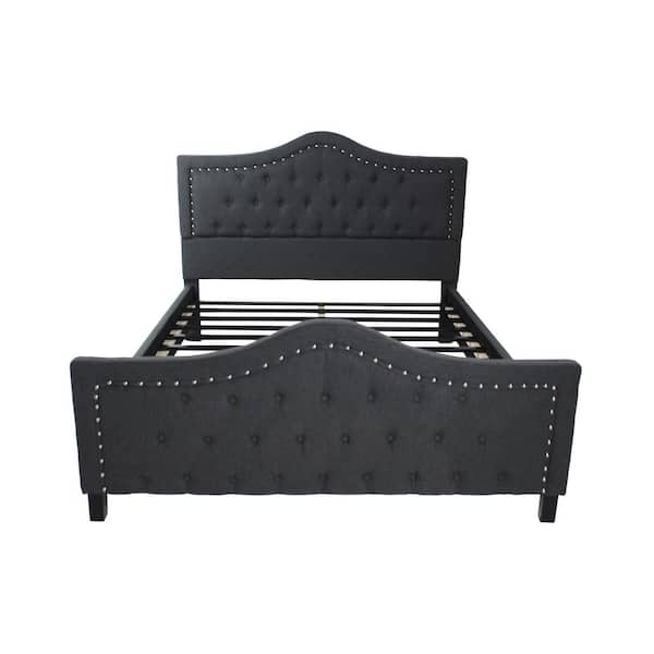 Noble House Virgil Queen-Size Tufted Dark Gray Fabric and Wood Bed Frame with Stud Accents