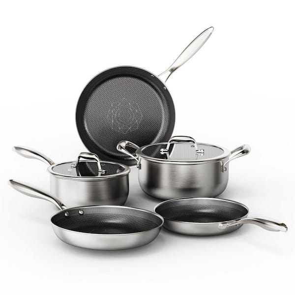 7 Piece Stainless Steel Cookware Set Silver Finish Non Stick Ceramic Etched Dishwasher Safe Induction Stock Pot with Lid