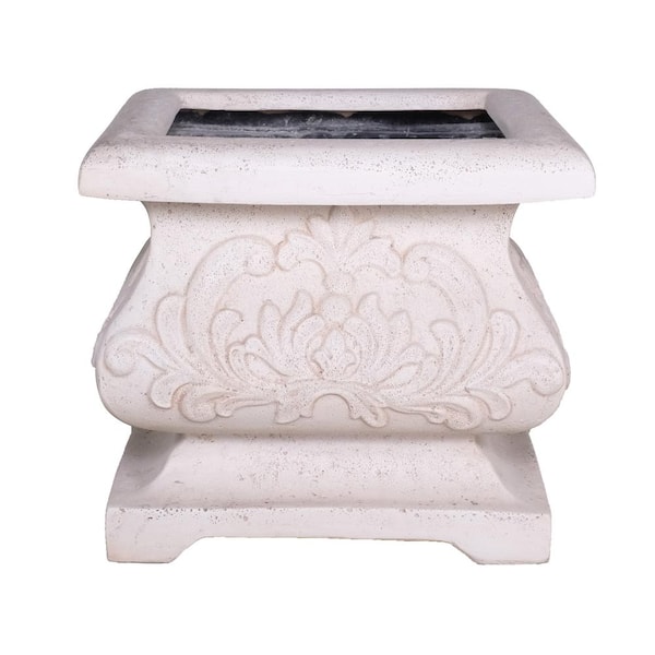 MPG 18 in. sq. Light Aged White Cast Stone Fiberglass Bombe Planter