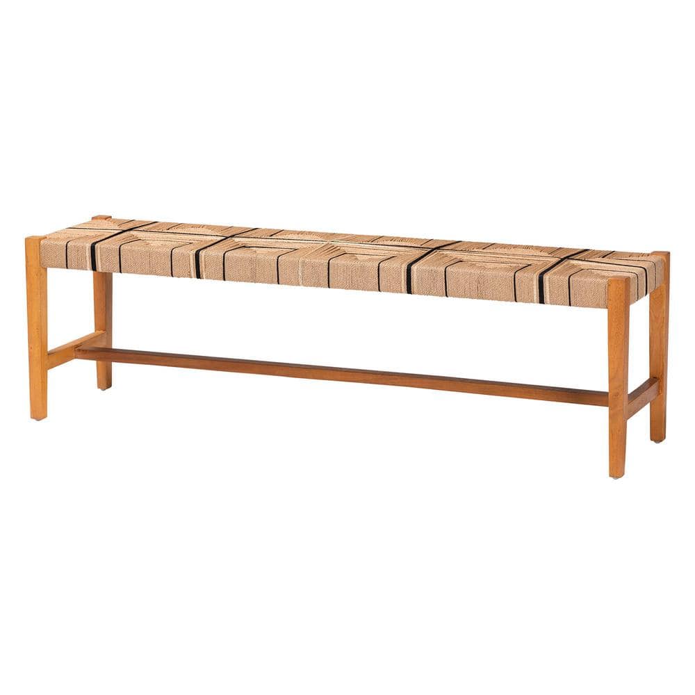 Natural Mahogany and Woven Paper Loom Bohemian Dining Bench