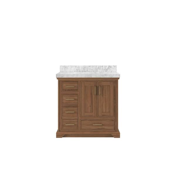Willow Collections Charlotte Teak 36 in. W x 22 in. D x 36 in. H Center Sink Bath Vanity in Dark Natural with 2" Carrara Marble Top