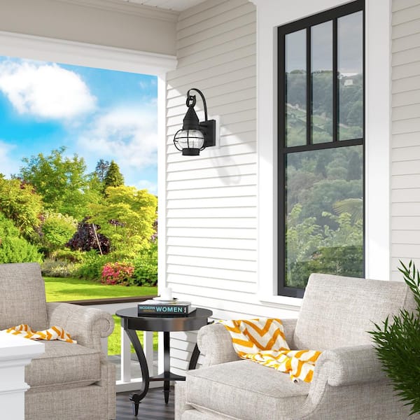 Hennington 13.75 in. 1-Light Black Outdoor Hardwired Wall Lantern Sconce with No Bulbs Included